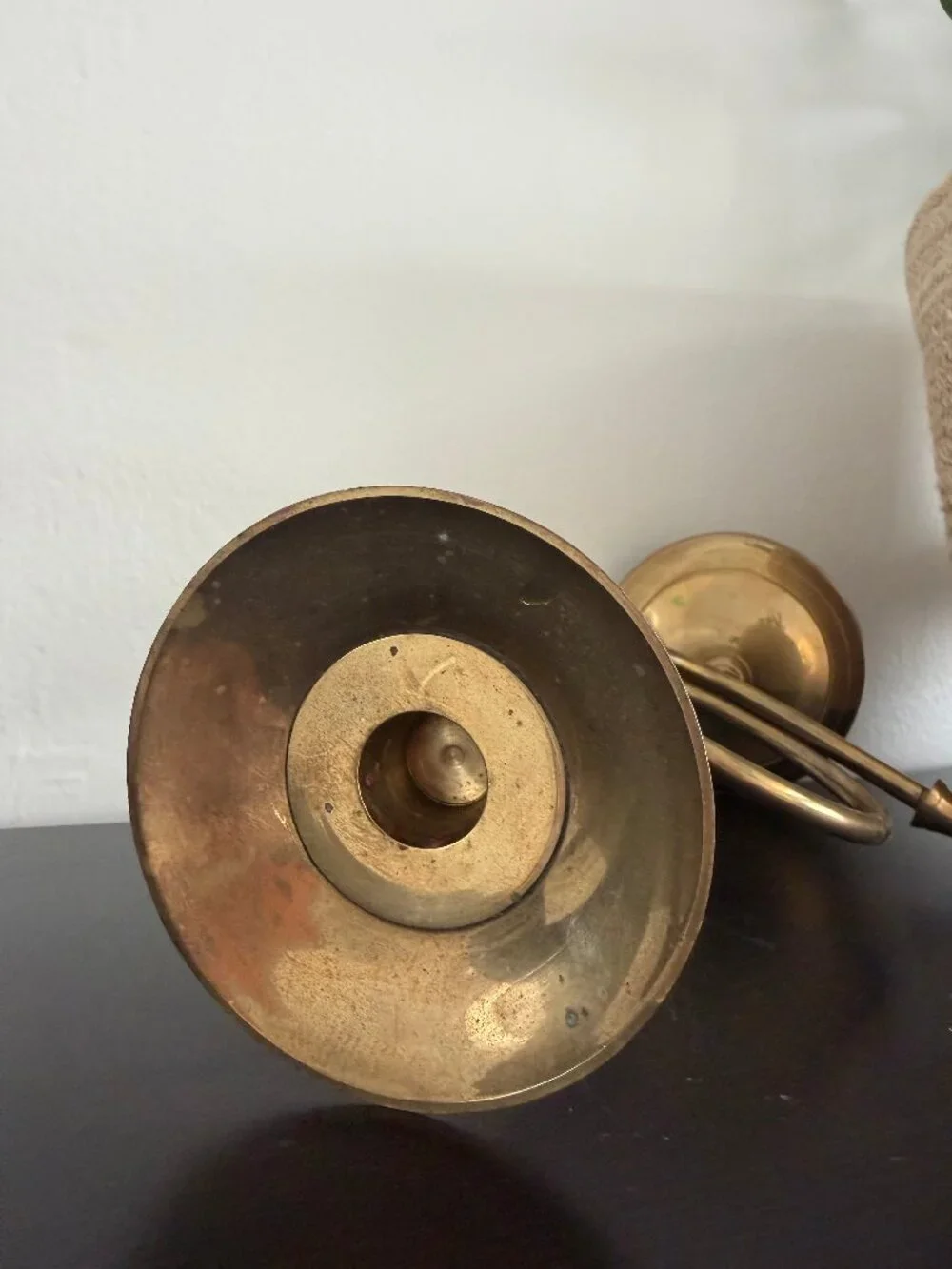 Vintage Brass French Horn Candlestick, India Taper Candle Holder, Mid Century